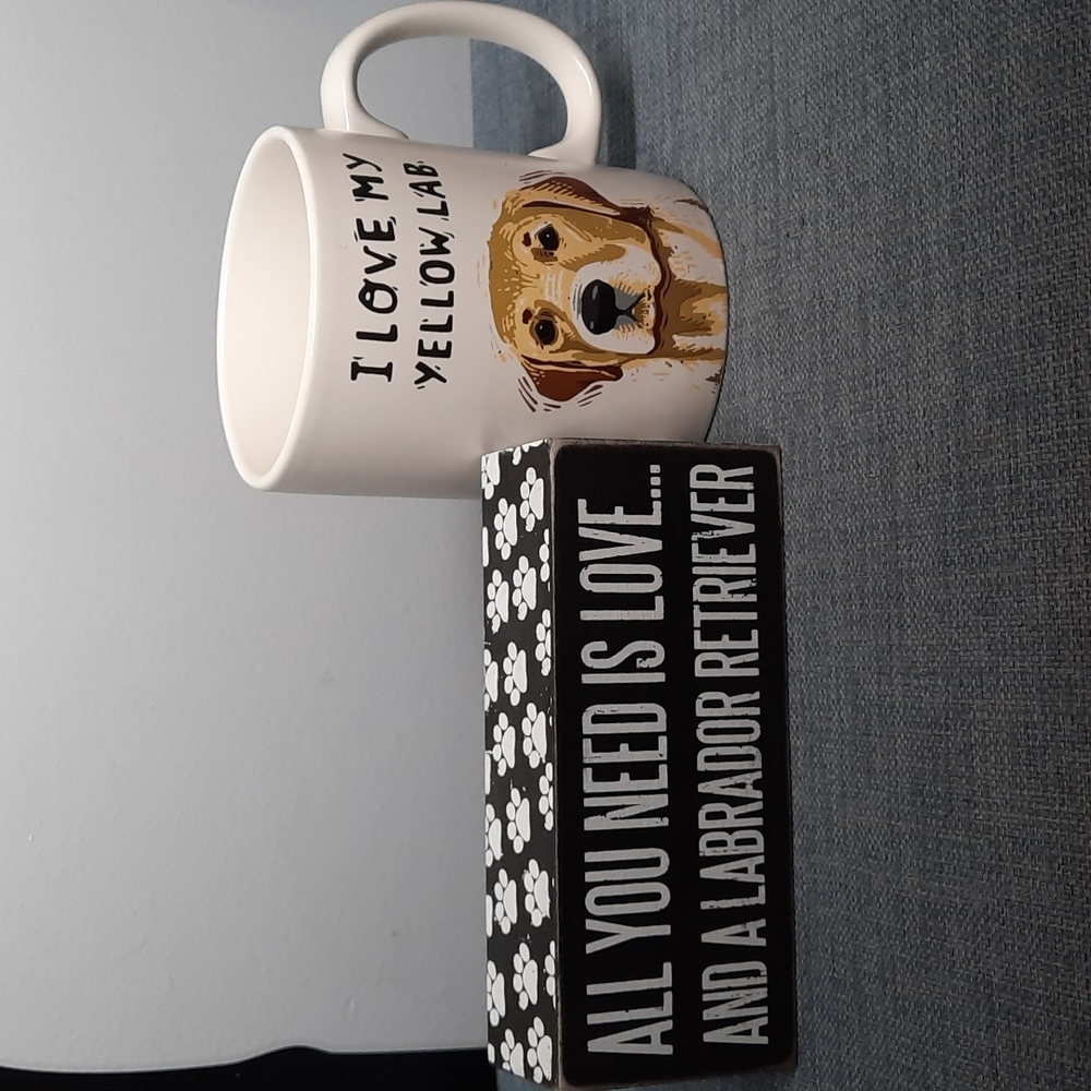 Yellow Lab Set Mug Dogs Love Coffee Tea Ceramic Wood Sign Labrador Retriever